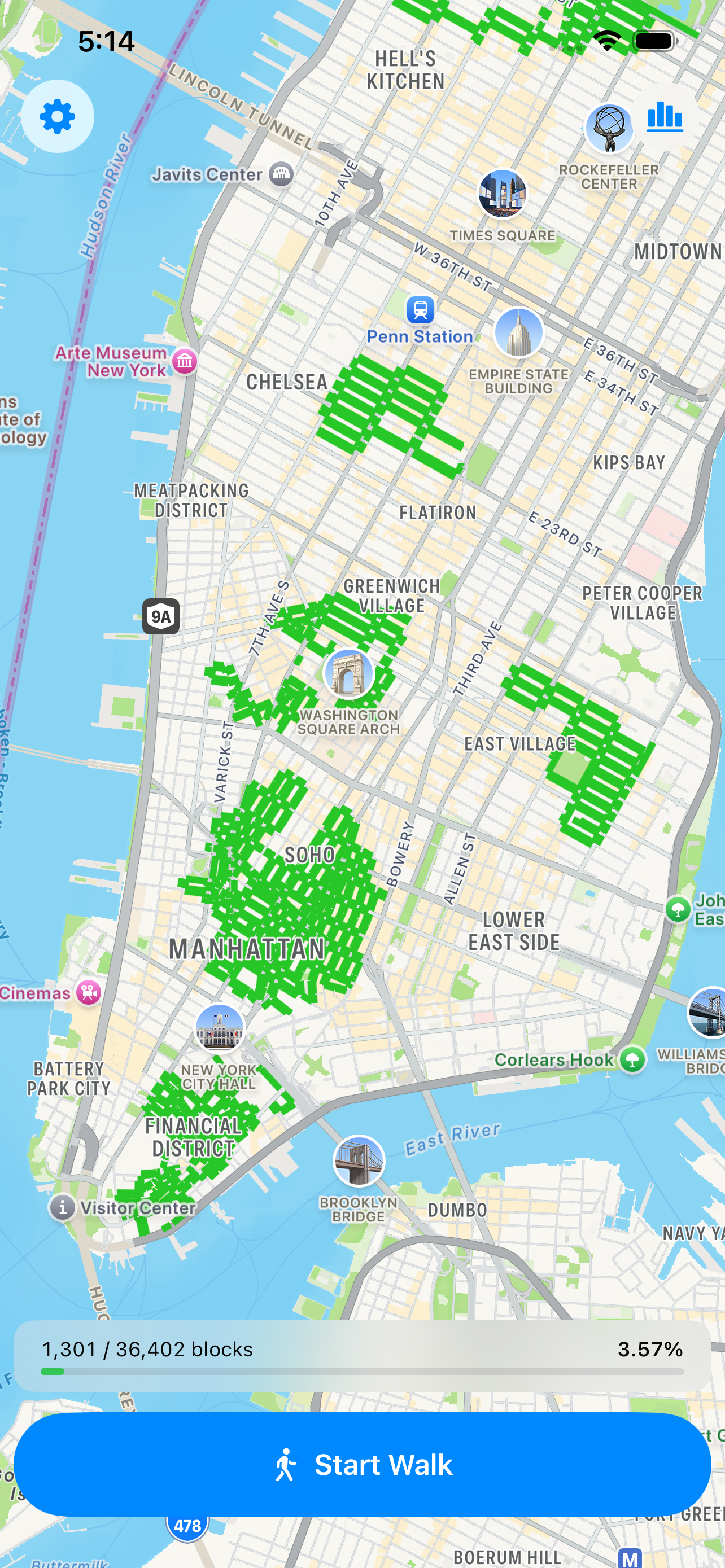 Map of walked blocks across lower Manhattan