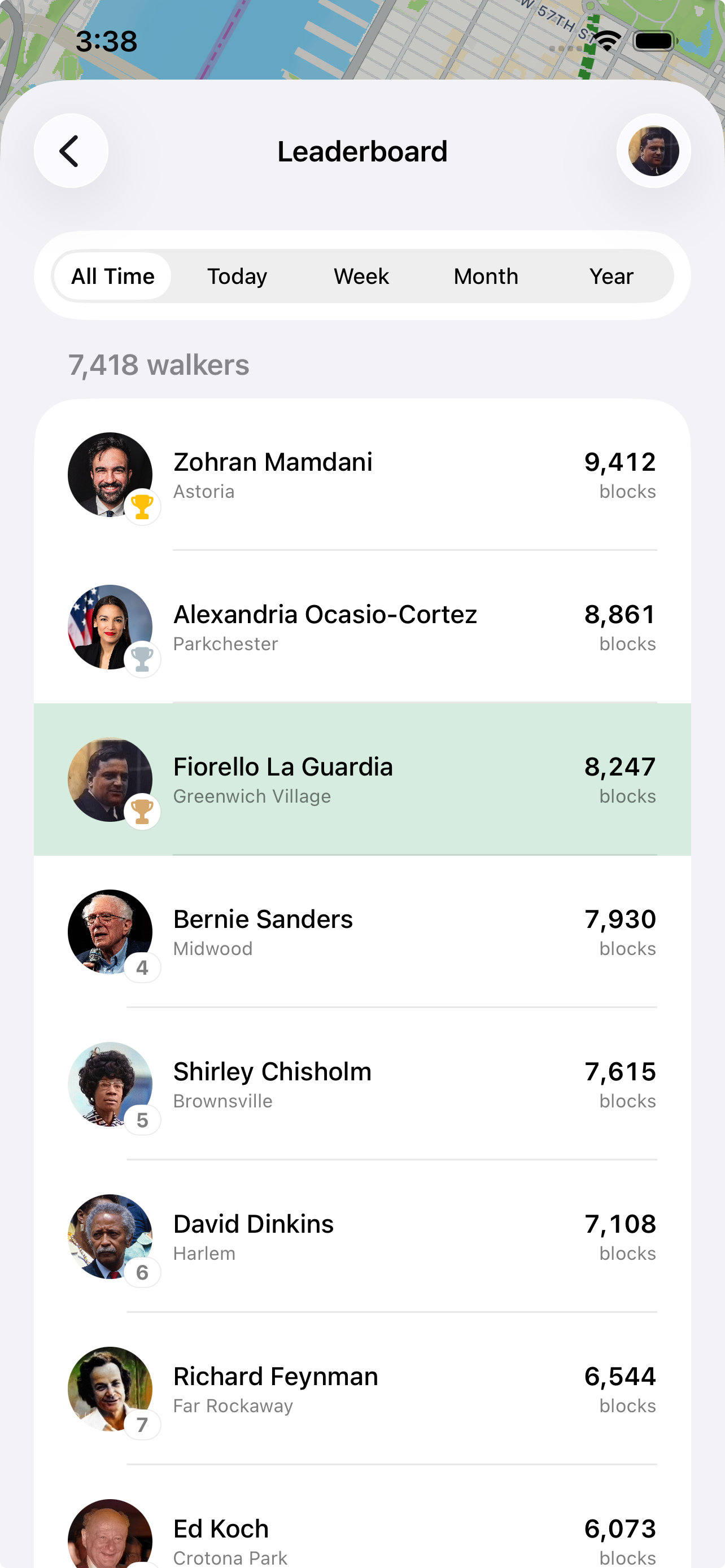 Leaderboard of NYC walkers ranked by blocks walked