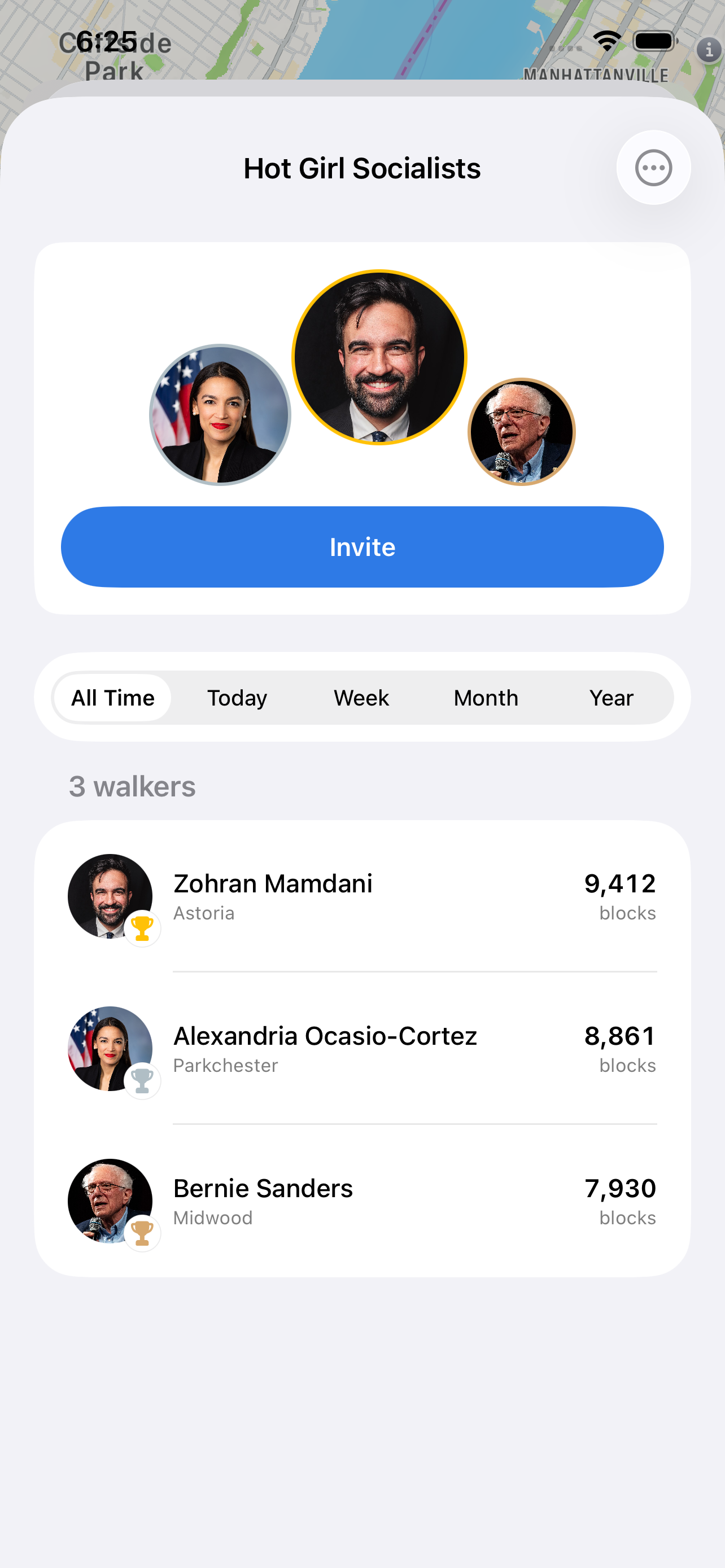Group leaderboard ranking friends by blocks walked